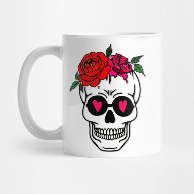 Loving skull N.1, with flower crown and glasses with pink hearts, special white backgrounds by Rebeldía Pura